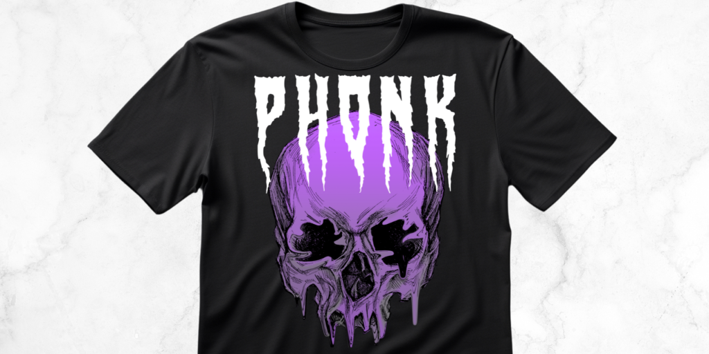 Black T-shirt featuring "PHONK" in bold text with a purple dripping skull.