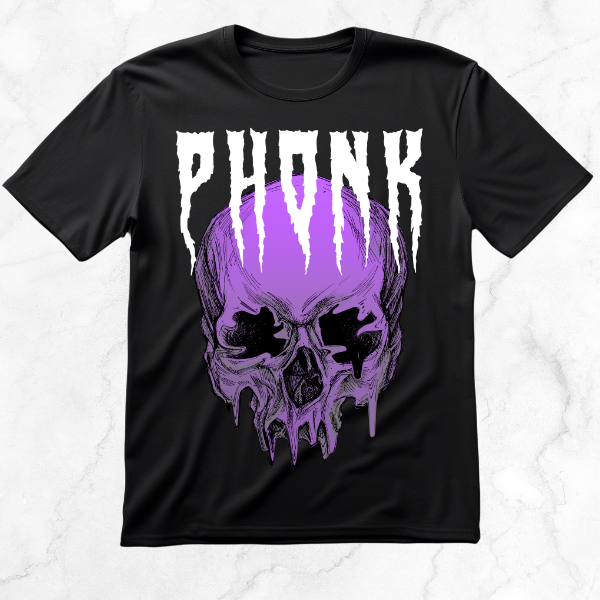 Black T-shirt featuring "PHONK" in bold text with a purple dripping skull, symbolizing phonk's aesthetic.