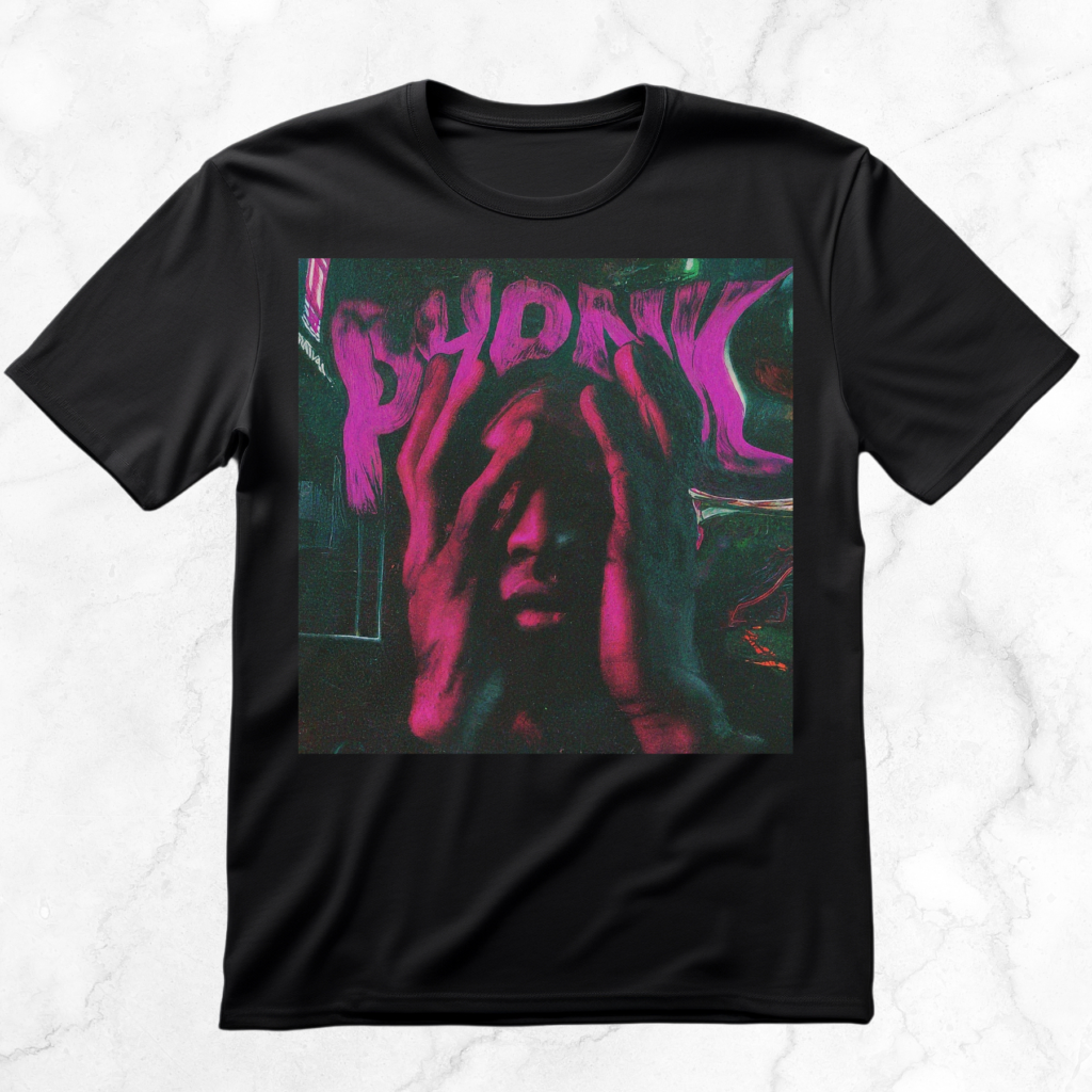 Black T-shirt with "PHONK" in bold purple letters over a distressed image of hands covering a face, evoking phonk's emotional and intense feel.