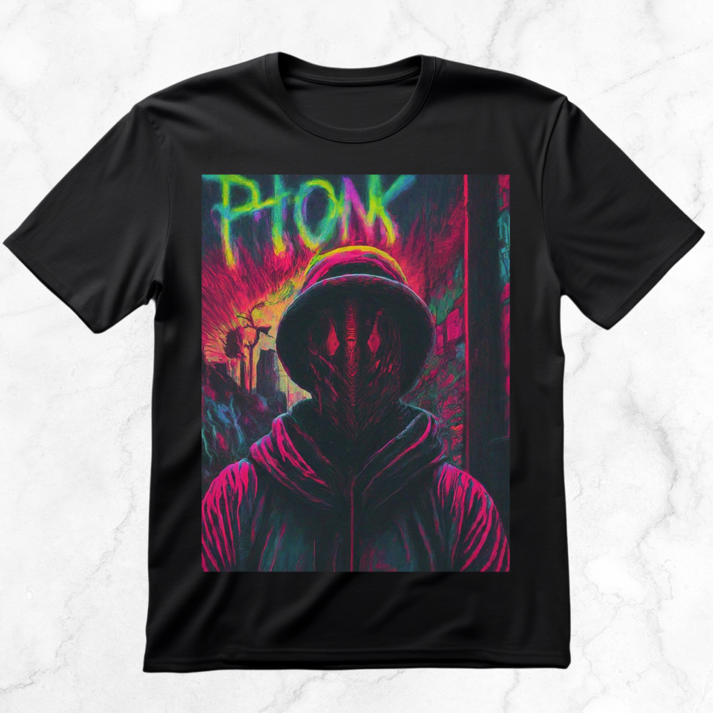 Black T-shirt featuring a hooded figure in a neon-lit alley with "PHONK" in vibrant text, capturing the underground phonk music scene.