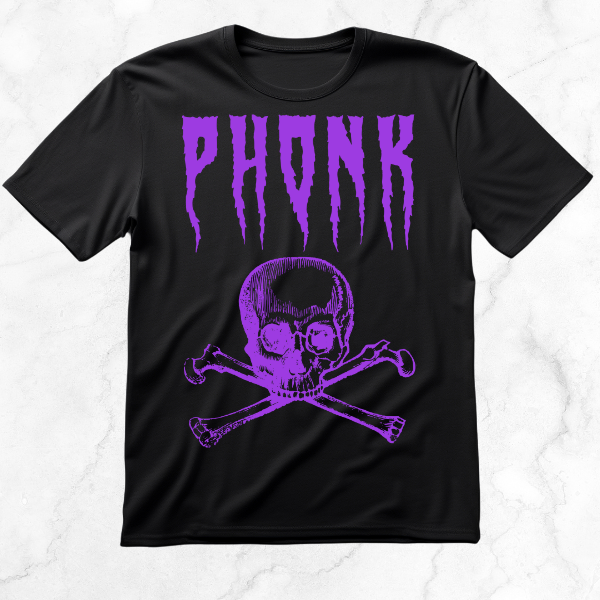 Black T-shirt with "PHONK" in purple jagged text and a matching skull and crossbones graphic, emphasizing phonk's bold energy.