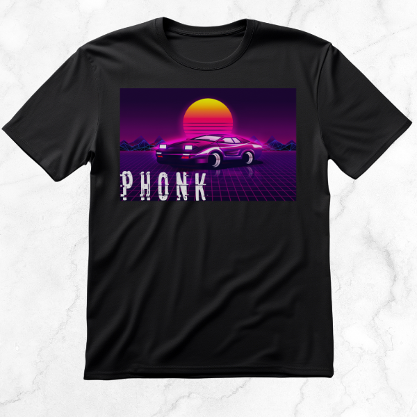 Black T-shirt with a retro 80s-style car, vibrant neon sunset, and "PHONK" text, blending phonk music and vaporwave vibes.