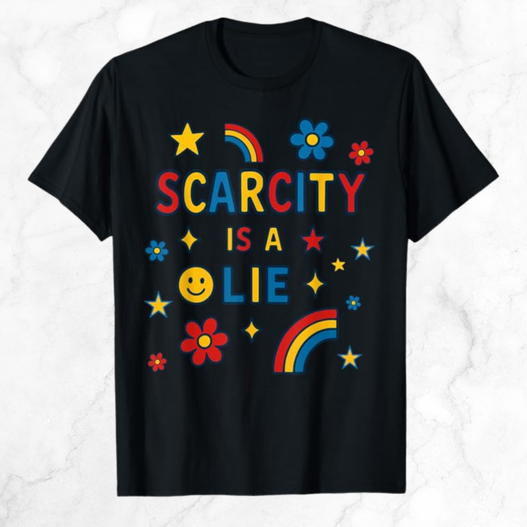 Colorful kidcore-style black t-shirt featuring rainbows, smiley faces, stars, hearts, and flowers and the words "Scarcity is a Lie."