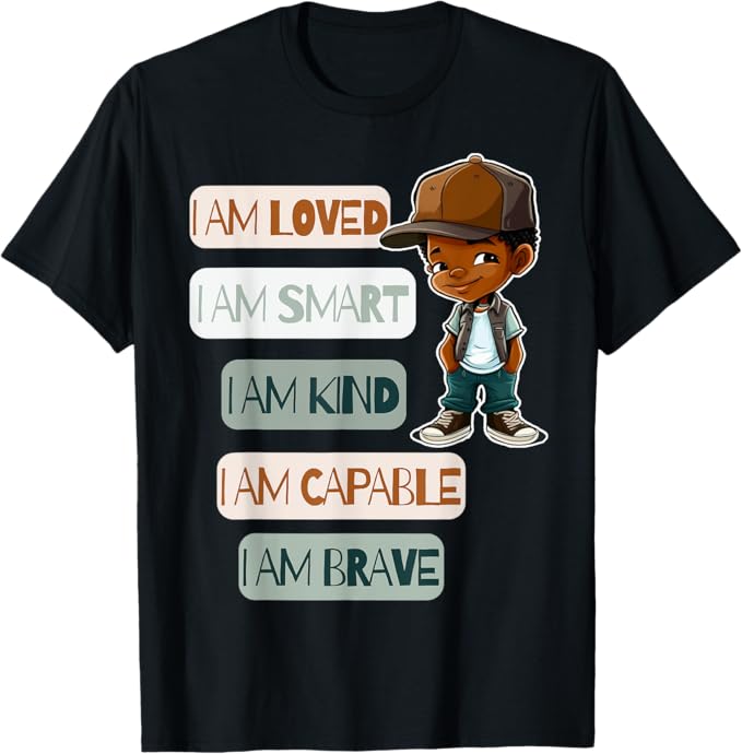 A black shirt with a picture of a young boy surrounded by positive affirmations.