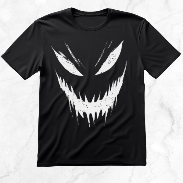 Black T-shirt featuring a sinister white smile graphic with sharp edges.