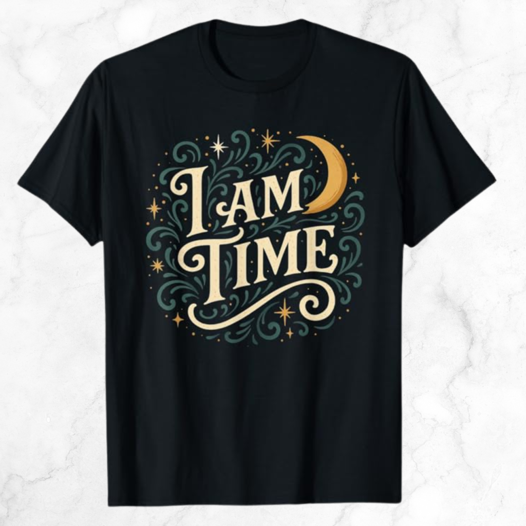 The words "I am time" and decorative elements on a black t-shirt